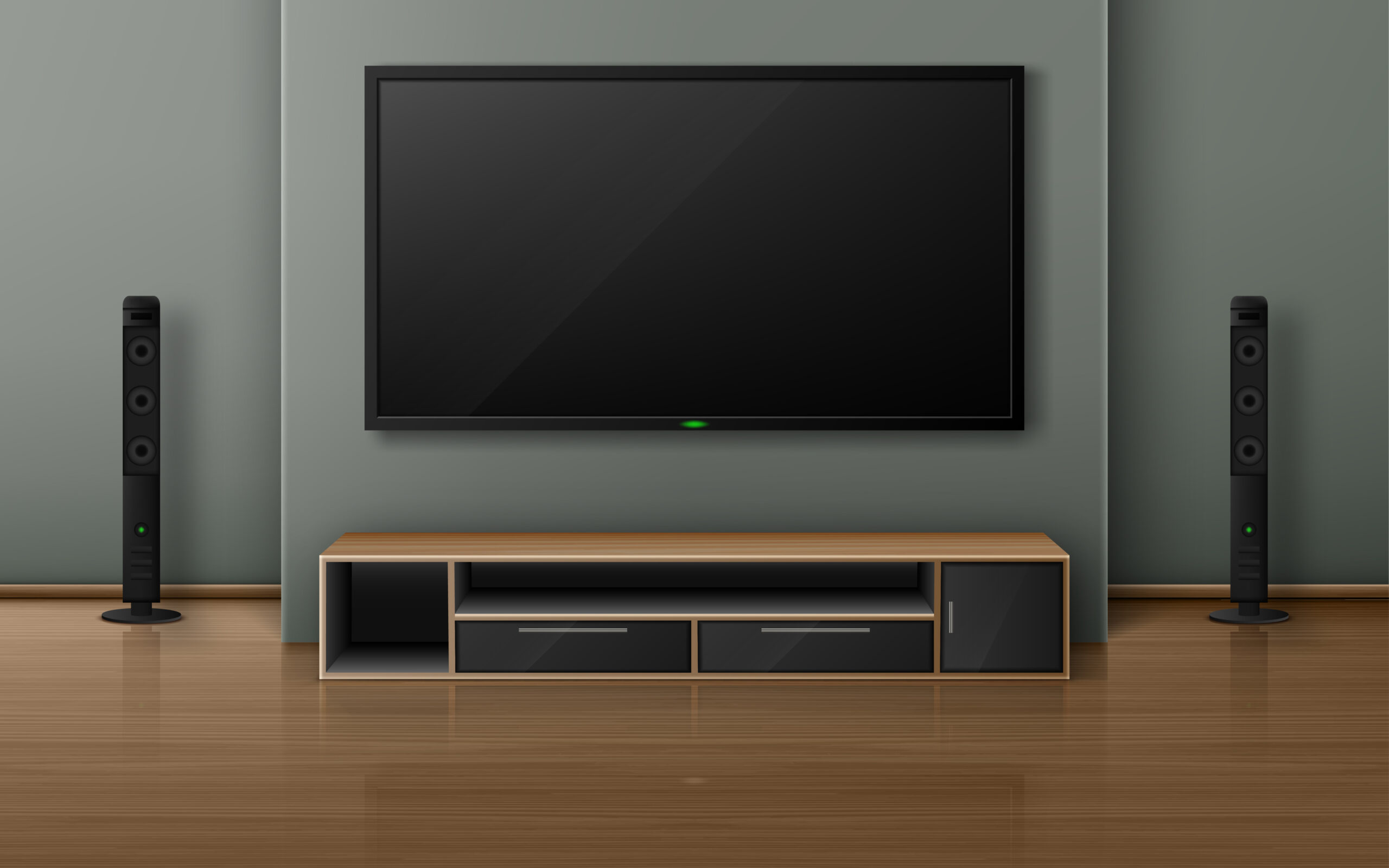 home theater with tv screen and speakers